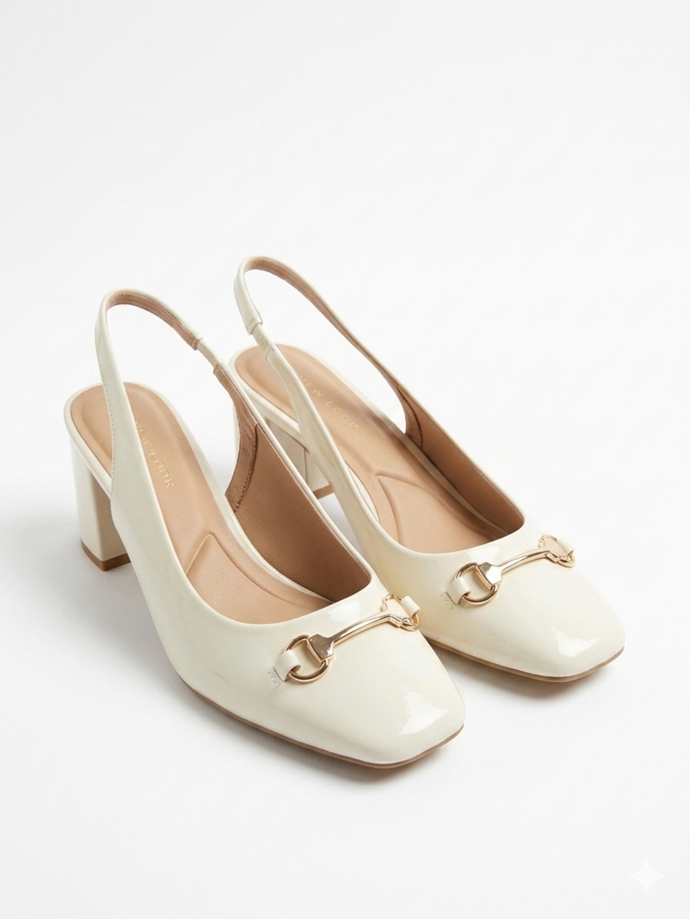 Cream Slingback Block Heel Pumps, Gold Bit Detail, Sz 11M (9UK)
